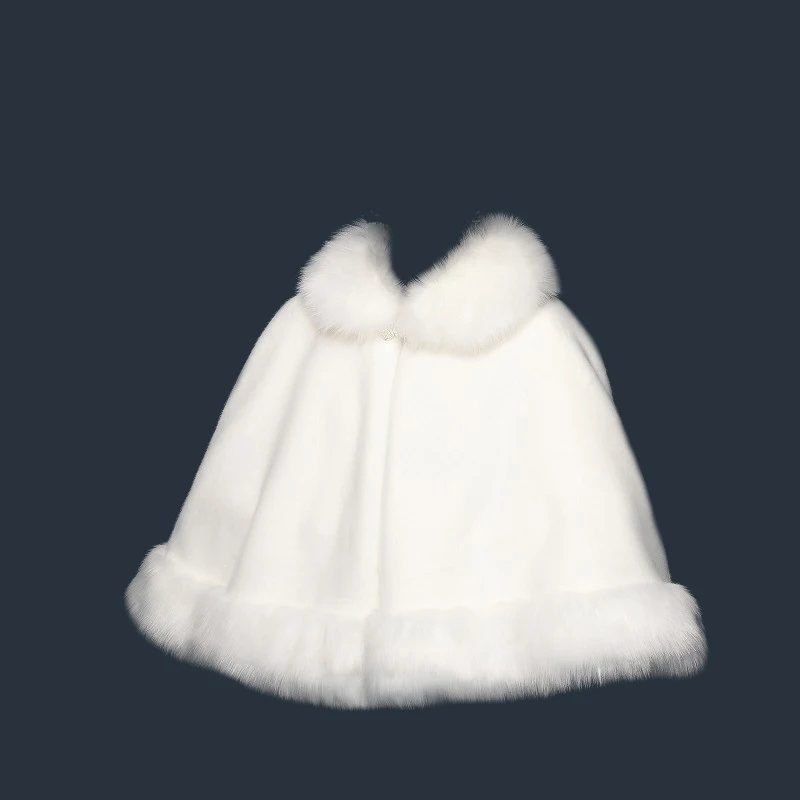 
Jtfur Winter new party wedding warm cloak woolen coat women white fur shawl with furry collar 