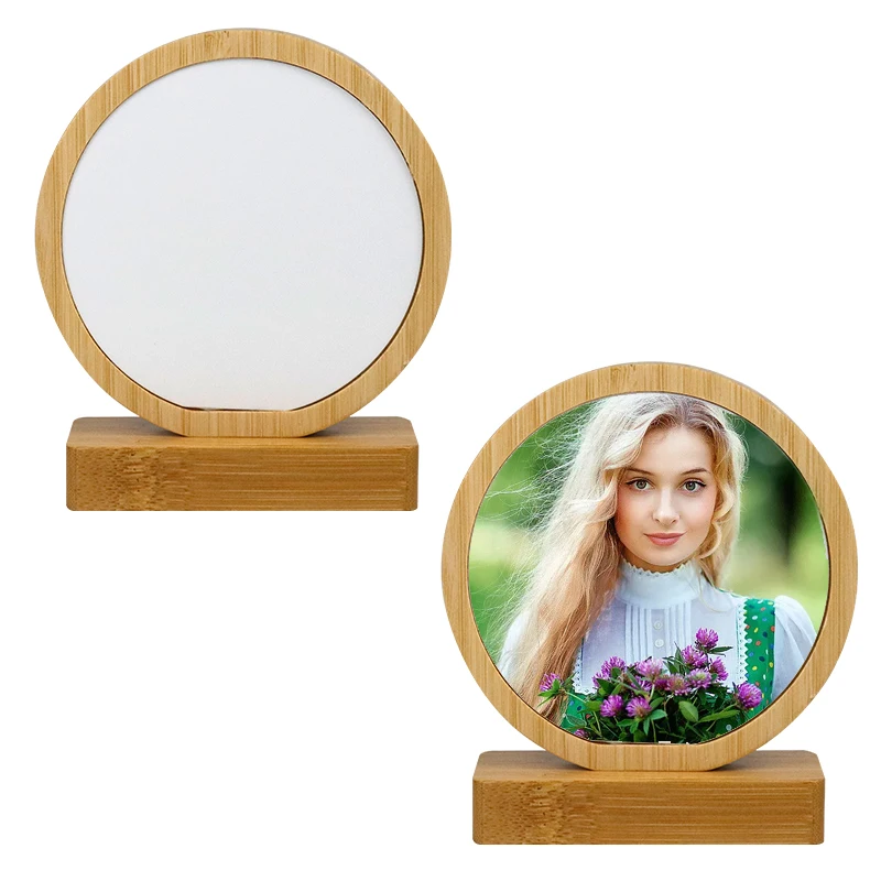 Wholesale Heart Shape Sublimation Blanks Bamboo Wood Display Photo Frames With Aluminum Disc For Custom Home Hotel Decor