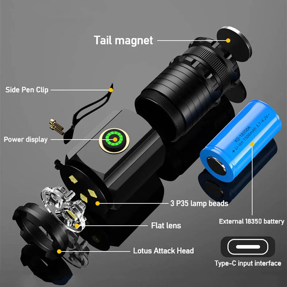 Mini 3LED 1800mm ATR  SST20 rechargeable waterproof with magnet hiking camping 18350 battery led torch flashlights