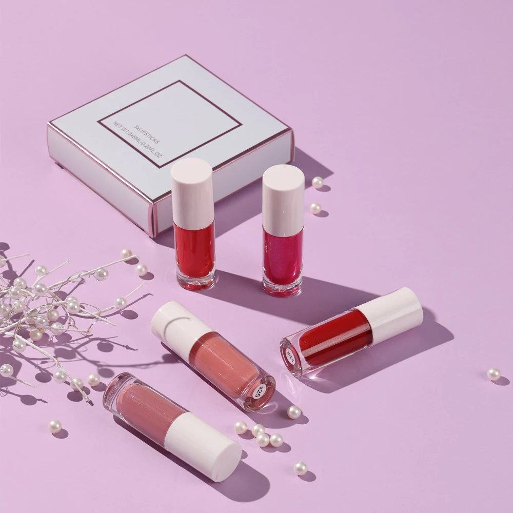 3 Pcs/set Matte Lipstick Set Private Label Lipgloss Makeup Kit White Cover Chunky Round Tube Gift Box 57 Colors Free