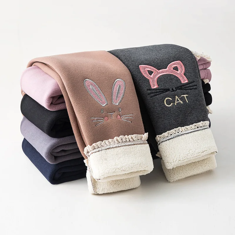 Cartoon Style Winter Cotton Children Warm Velvet Thick Fleece Leggings For Baby Girls