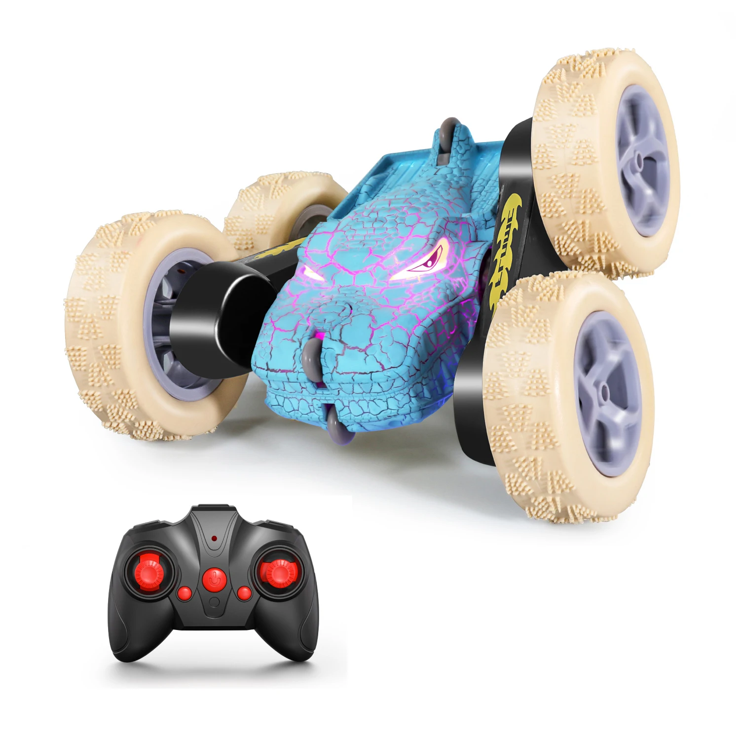 HW 2024 2.4Ghz Dino RC Stunt Car with Crackle Lights Hot Sale Double Sided Rotating Vehicles 360 Flips RC Cars Stunt for kids