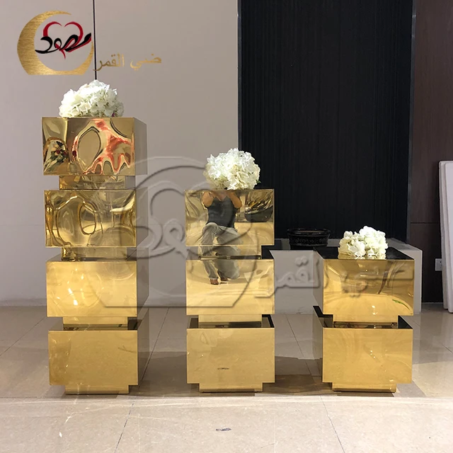 WEdding decor stainless steel cube design flower stand cylinder gold pedestal