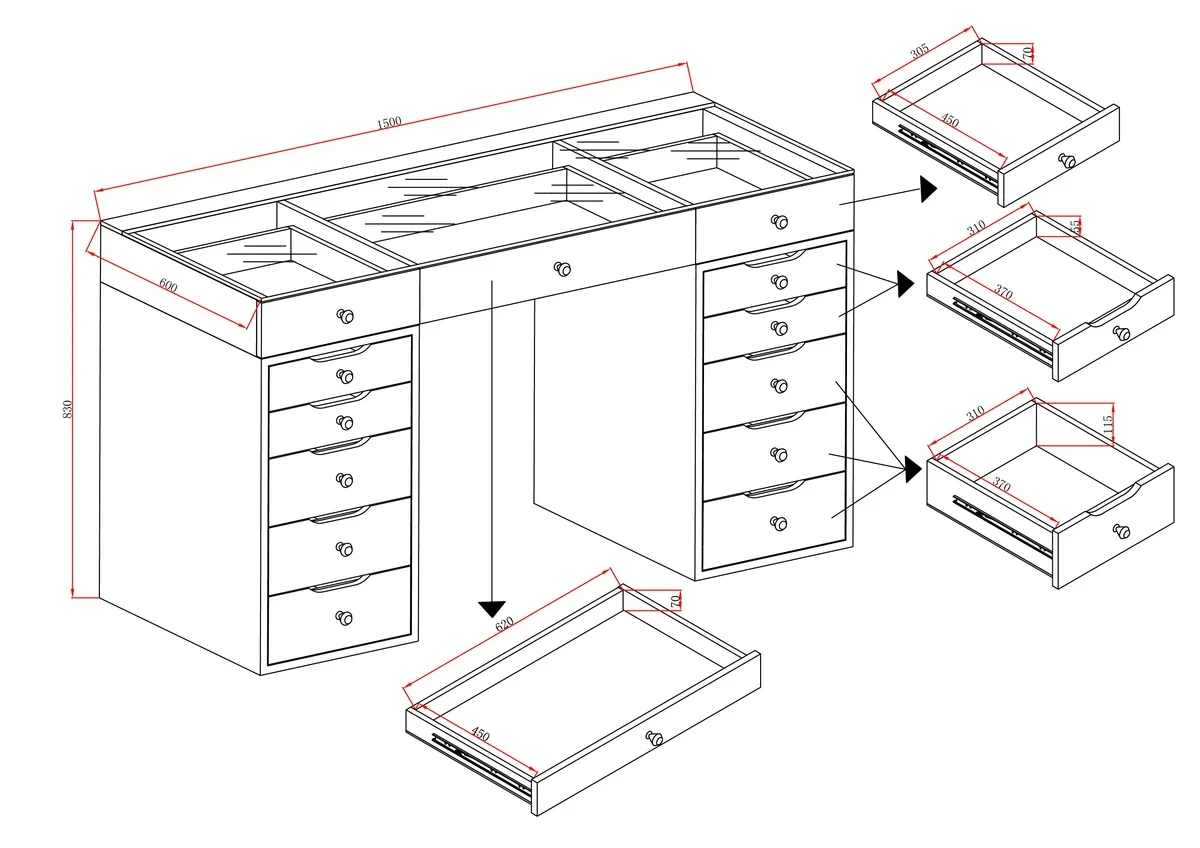 Лидер продаж, новый дизайн, деревянный туалетный столик с 13 ящиками, прозрачный стеклянный туалетный столик