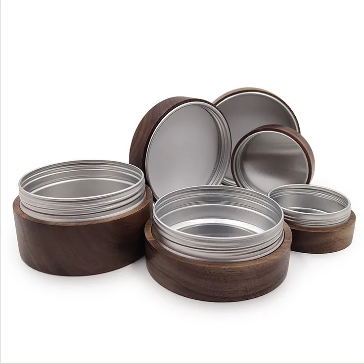 beech wood round Cosmetic Cream Jars Luxury walnut Cosmetic Packaging 10g 15ml 25g 30g beech wood Aluminum Jar With Bamboo Lid