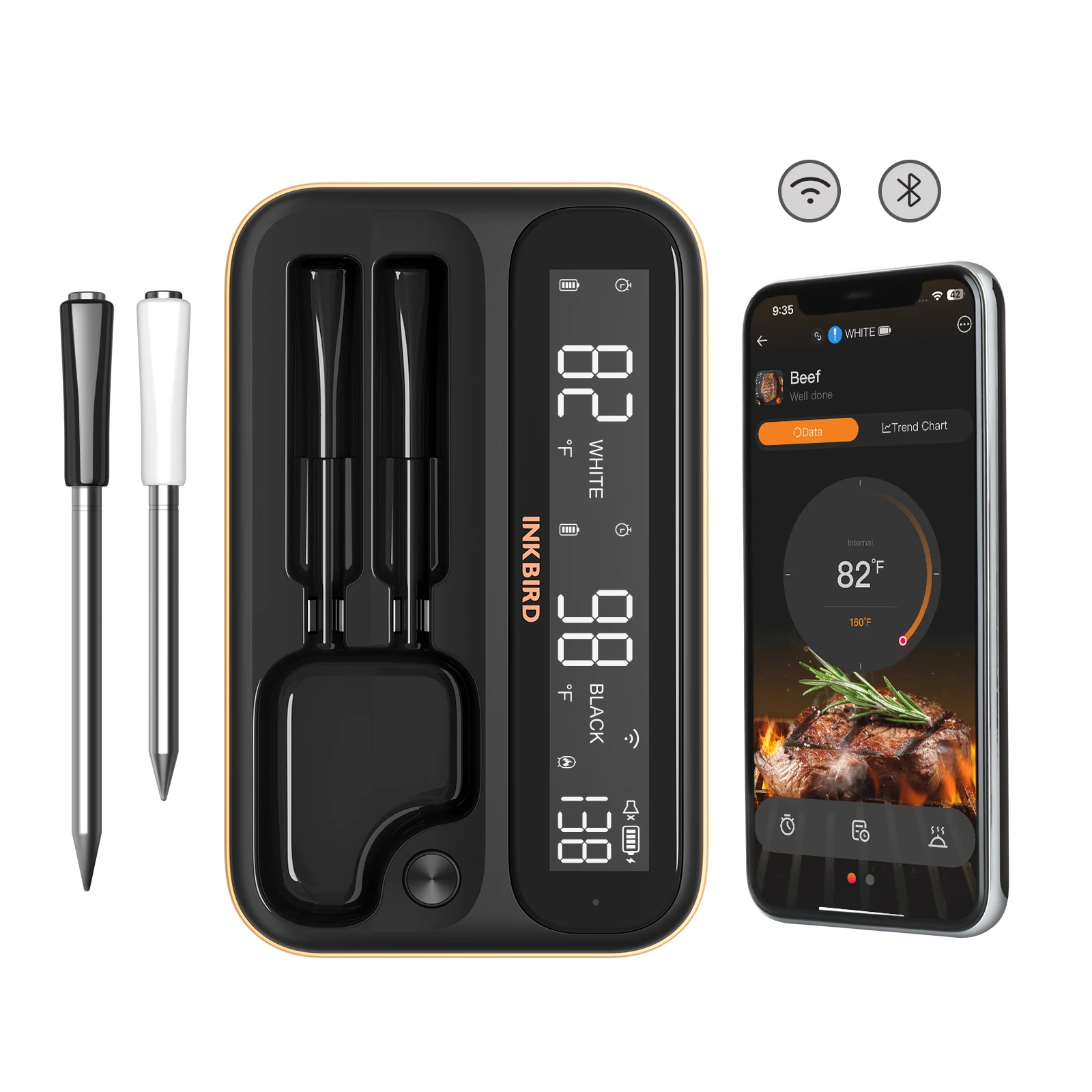 INKBIRD INT-12-BW  Wireless BBQ Thermometer Full-View-Angle Backlit HD LCD, 80 Min Offline Data Storage for Everyday Cooking