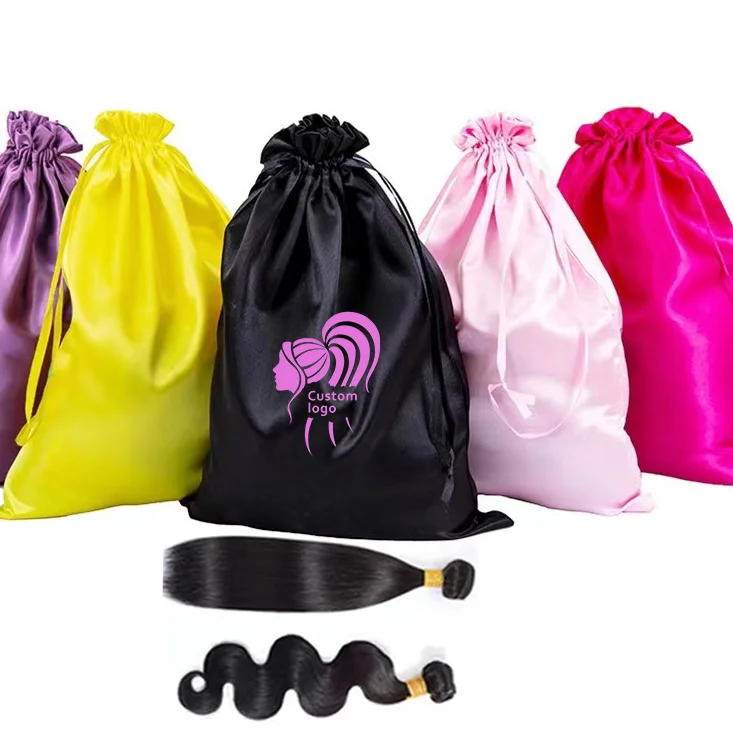 Custom Logo  Wig Bags Hair Bundles Satin Pink Bag Packaging  Drawstring Silk Satin Bag for Wigs