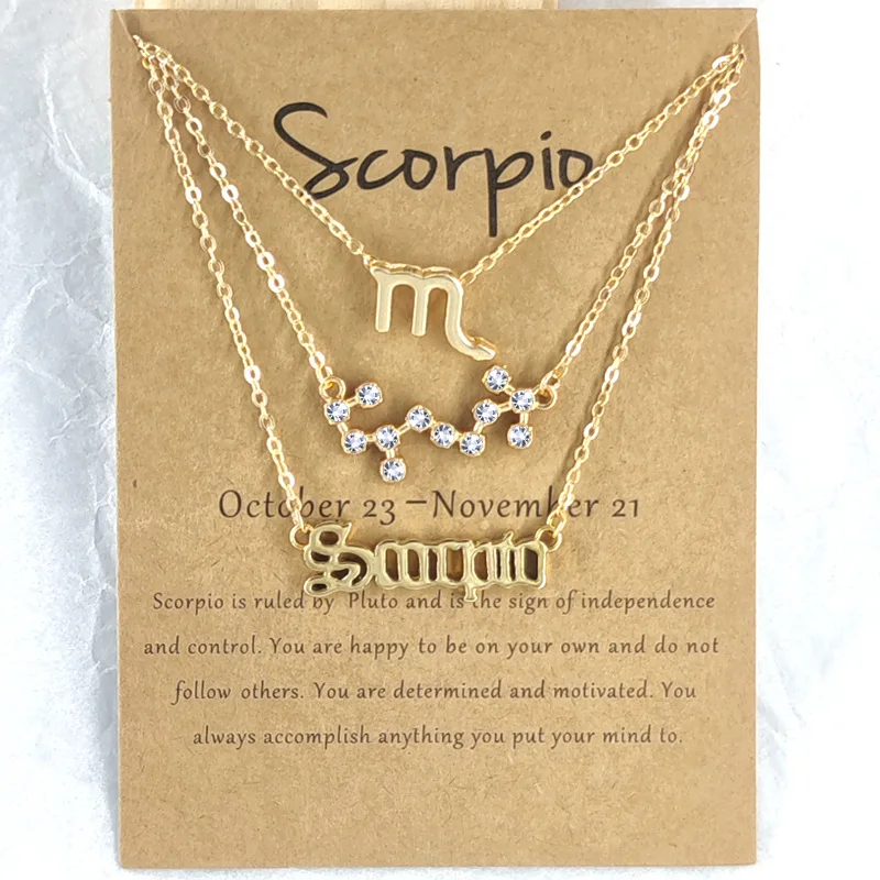 12 Sign Pendant Horoscope Layered gold silver Diamond 3 Pcs set Zodiac necklace Astrology paper Card jewelry Necklace