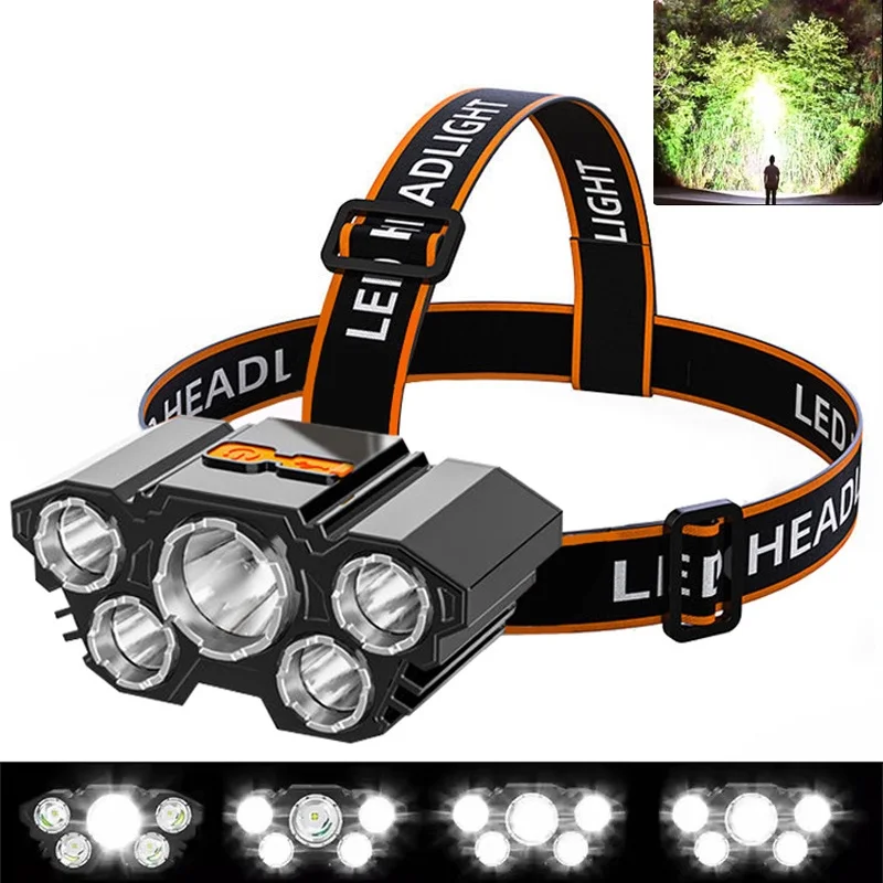 5 LED Headlamp With Built-in Battery USB Rechargeable Portable Flashlight Lantern Headlamp Outdoor Camping Headlight