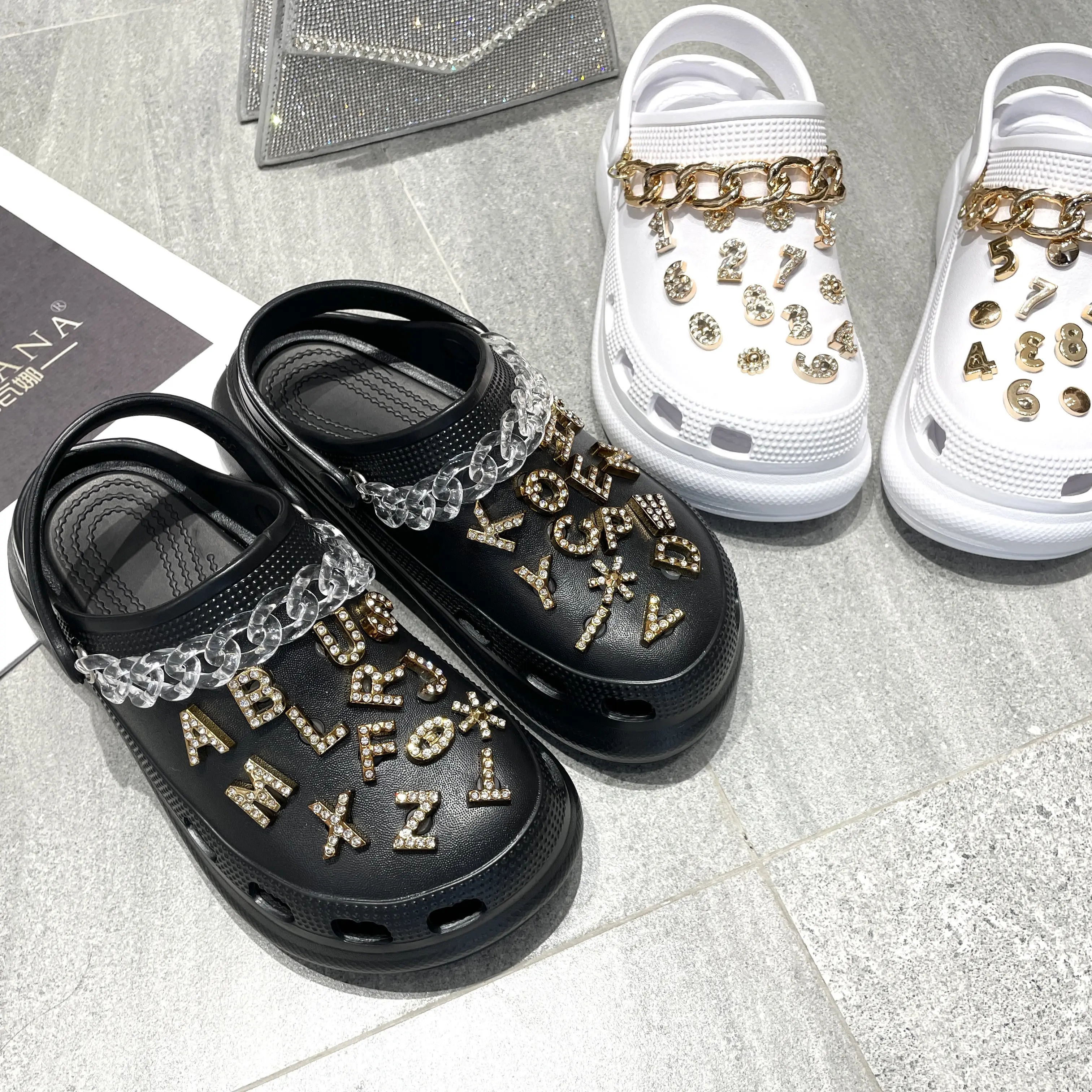 hot sell women clogs high heel thick bottom with shining rhinestone letters slippers slides for Women outdoor beach slippers