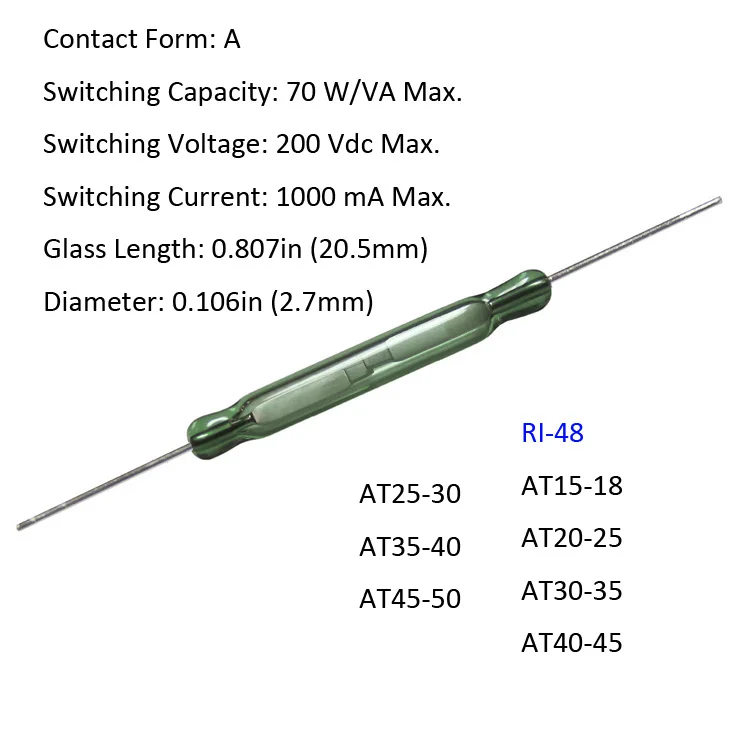 20.5mm COMUS-COTO RI-48FAA AT15-18 Micro Normally Open Dry Reed Switches Sensor With Glass Envelope