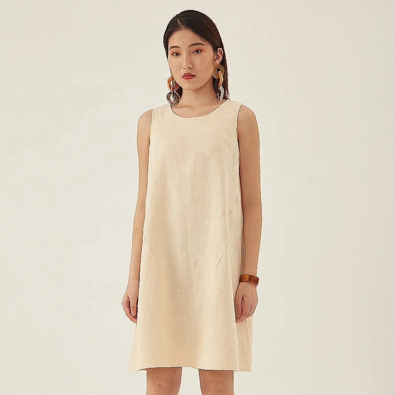 Производитель одежды женское небольшое заказ 100% лен без рукавов хаки модное повседневное женское платье с круглым вырезом