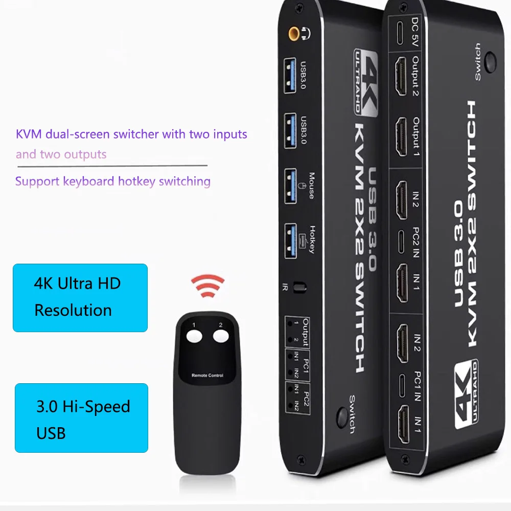 USB3.0 KVM двойной экран переключатель два в выхода hdmi Расширенная копия 4k @ 60 Гц Поддержка клавиатуры