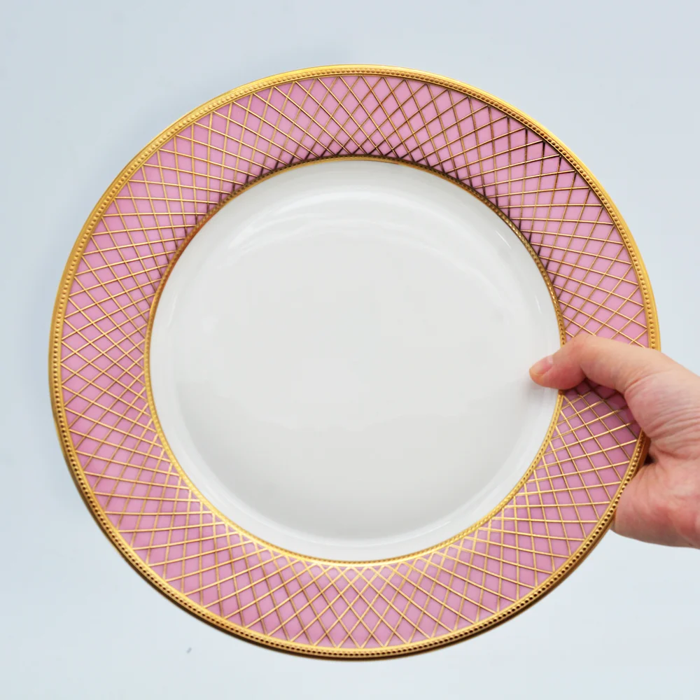 3-Piece Pink Bone China Porcelain Dinnerware Set with Gold Rim Classic Design Girlhood Dream Dishes for Girls