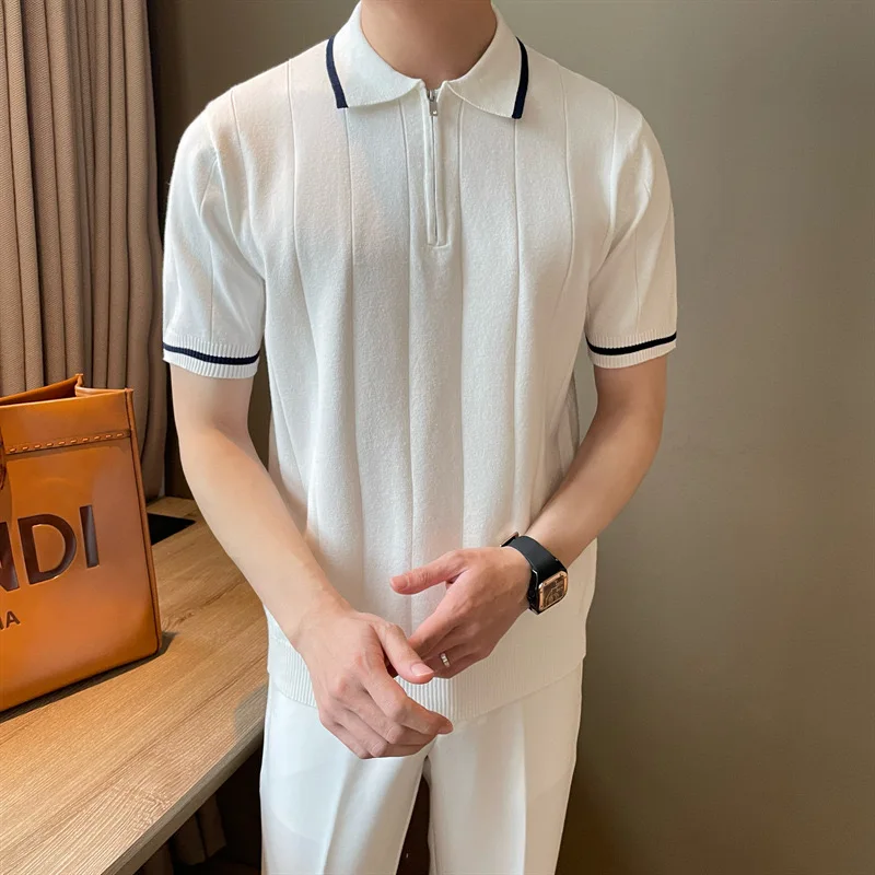 Men Plain Cotton Crop Half Zipper Polo Knit Shirts Custom High Quality Men Casual Pullover Zip Up Polo T-shirt For Men