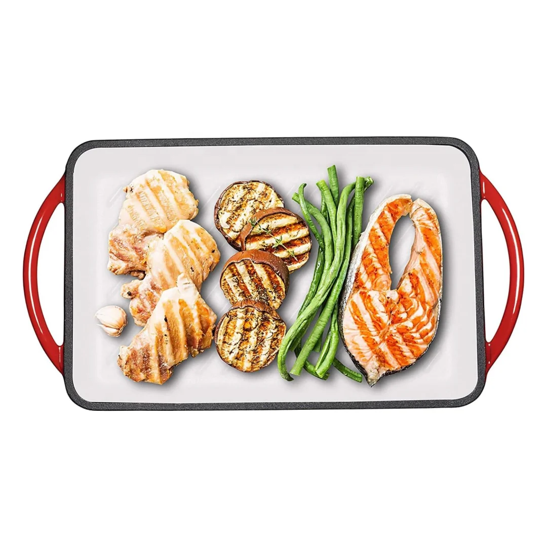 kitchen non stick rectangle enameled cast iron rectangular stove top bbq griddle plate grill pan with two handles