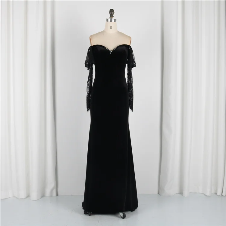 OEM Custom Lady Lace Long Sleeve Velvet Black Off-Shoulder Long Floor Length Evening Dress