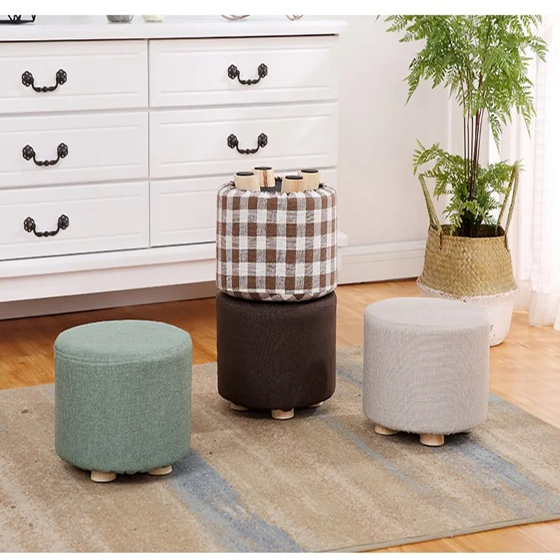 Modern Round Ottoman Foot Rest  four-legged Stool Pouf Ottoman with Linen Fabric and Non-Skid