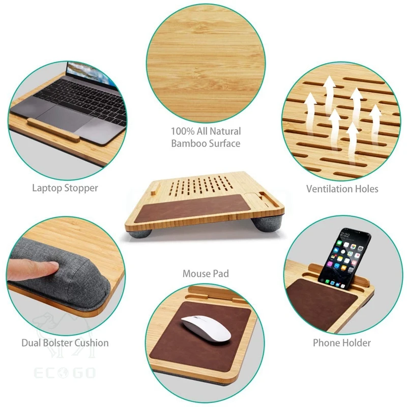 Bamboo laptop desk portable laptop stand with built in brown mouse pad and anti-slip bar