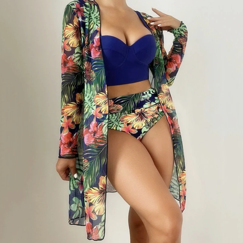 2024 High Quality Retro Printing Swimwear Two Piece Tassel Bikini Set Girls Fitness Beachwear with cover up