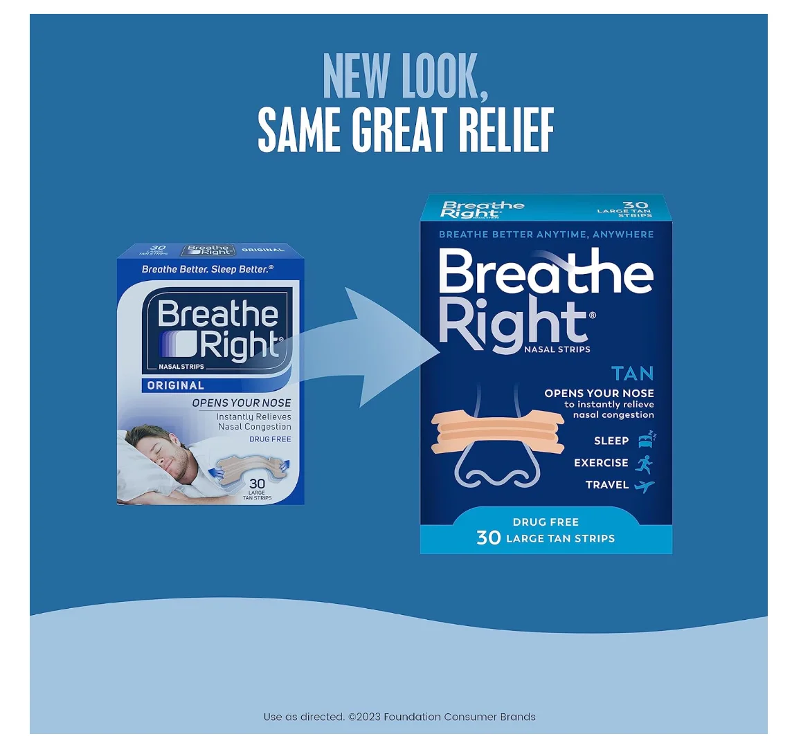 Breathe Right Original Nose Strips to Reduce Snoring and Relieve Nose Congestion, Tan, 30 Count