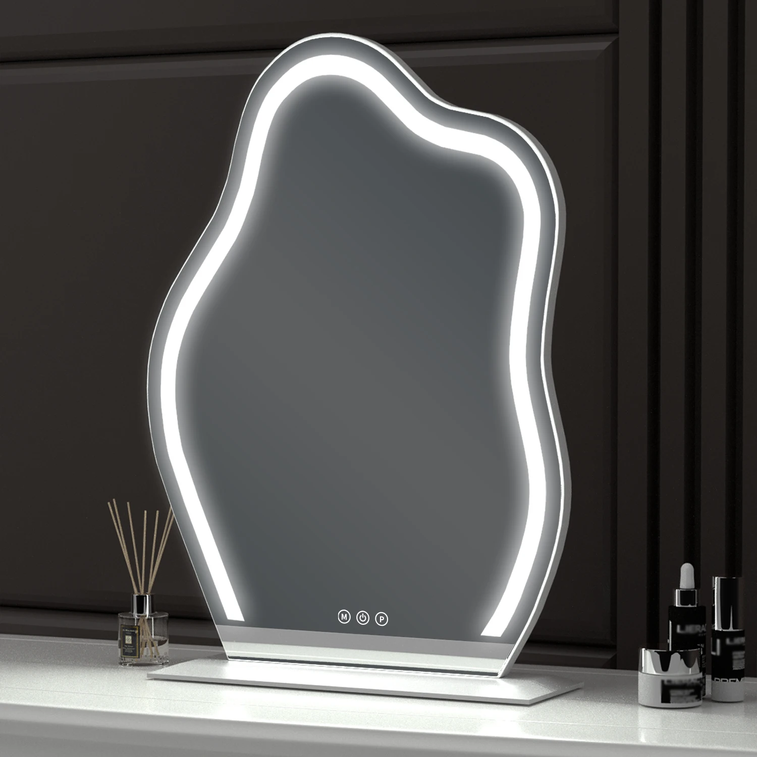 Illuminated irregular cloud shape desktop vanity mirror touch sensor switch smart makeup mirror