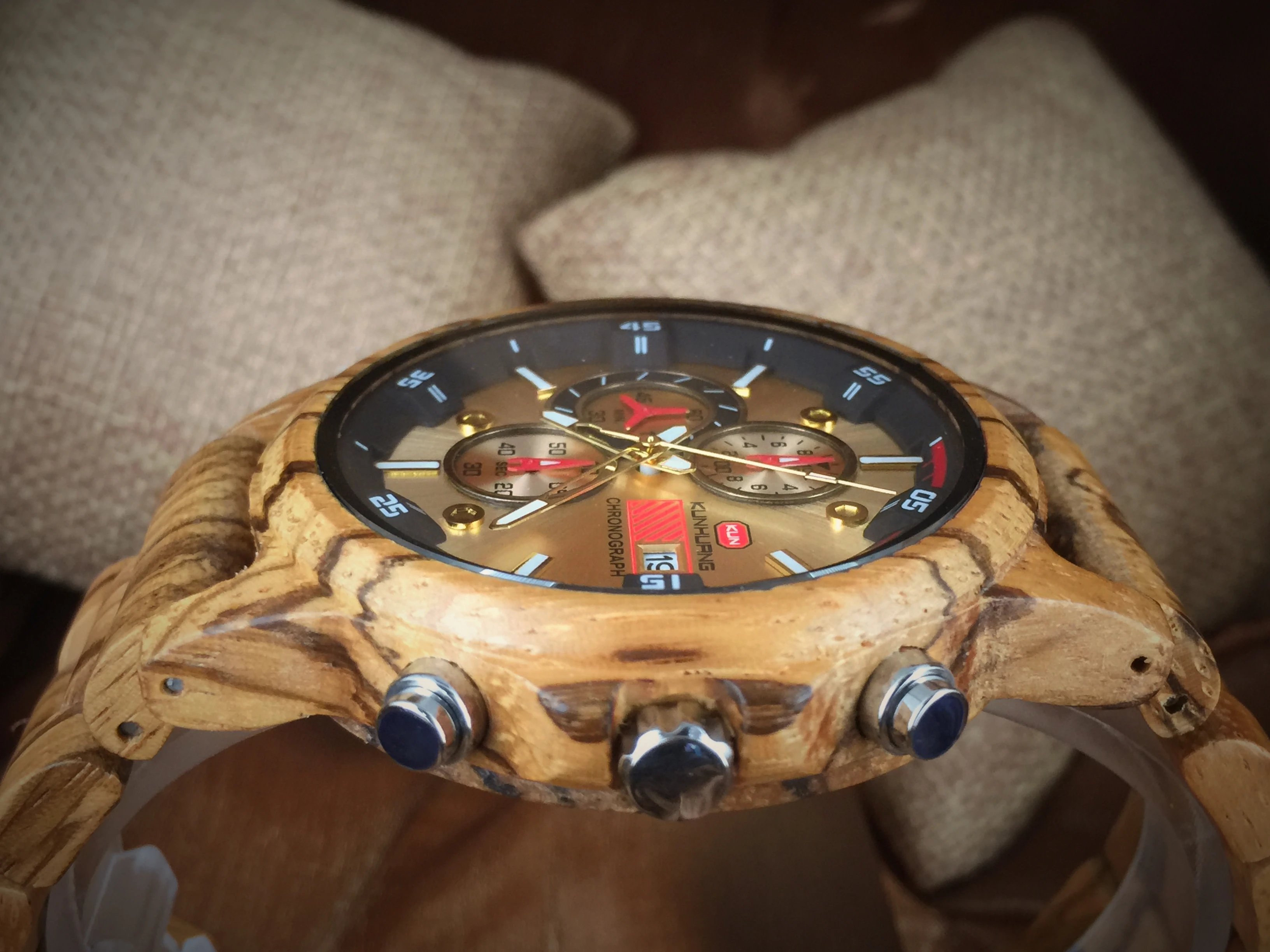KUNHUANG 1010 Zebra Wooden Watches Custom Logo Timepieces Luxury Men Chronograph Wood Watch