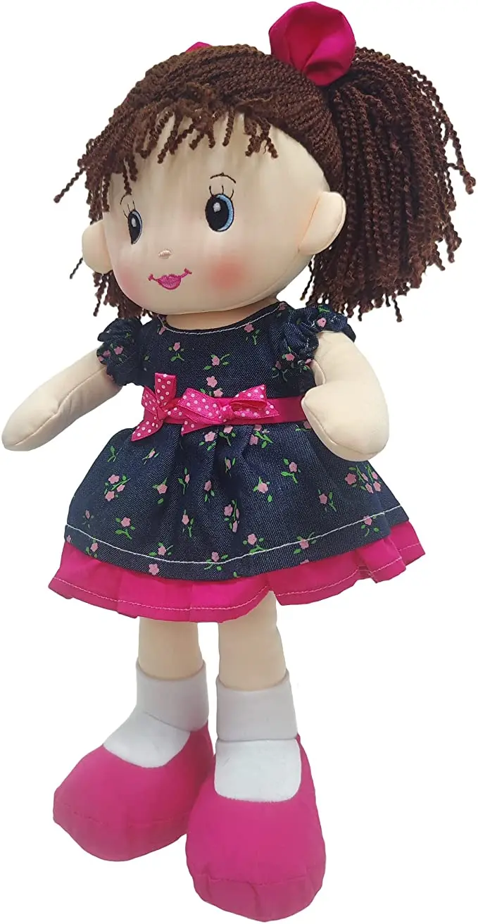 Custom Soft Plush Rag Doll with Navy Blue Dress and Printed Magenta Roses Rag Doll for Girls Infants and Babies
