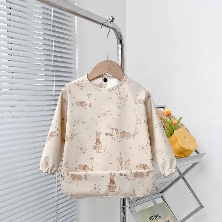 New PU waterproof food bib for childrenThe baby dining clothesLarge pocket recyclable fabric long sleeve reverse dressing
