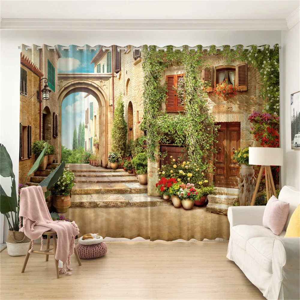 European Street View Alley Polyester 3D Landscape Floral Photo Blackout Curtain for the Living Room
