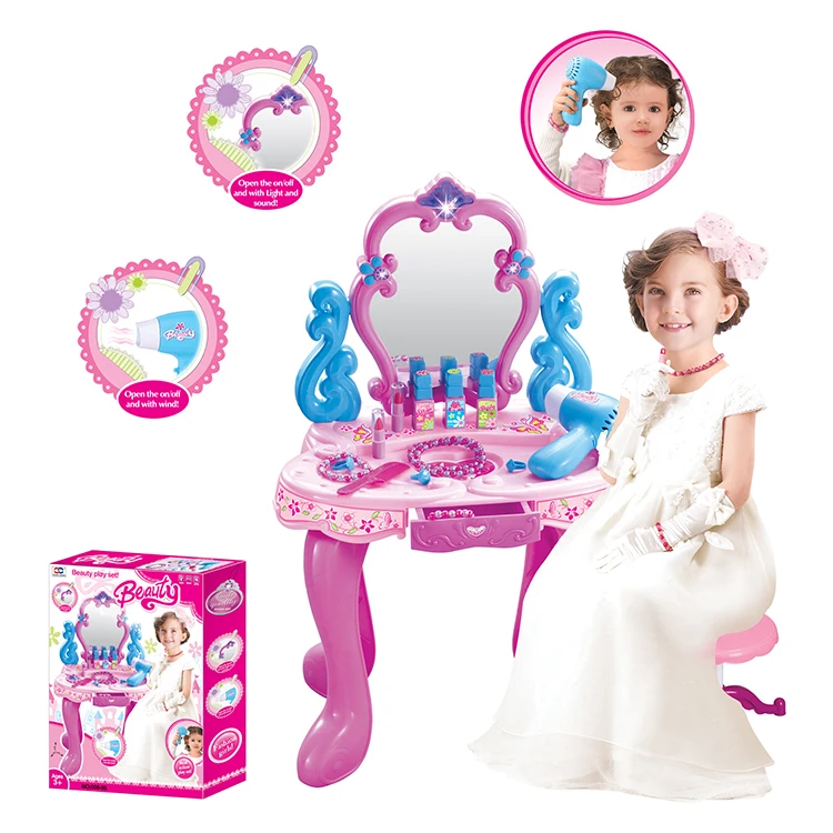 High Quality Plastic Kids Girl Play House Toy Mini Makeup Table Lighting Music Children Dressing Table Set