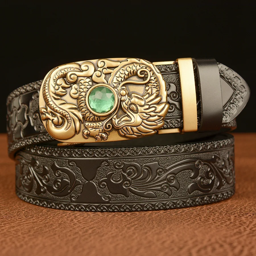 Genuine Leather Belts For Men Dragon Rhinestone Bead Automatic Buckle Belt Cowhide Designer Mens Belts