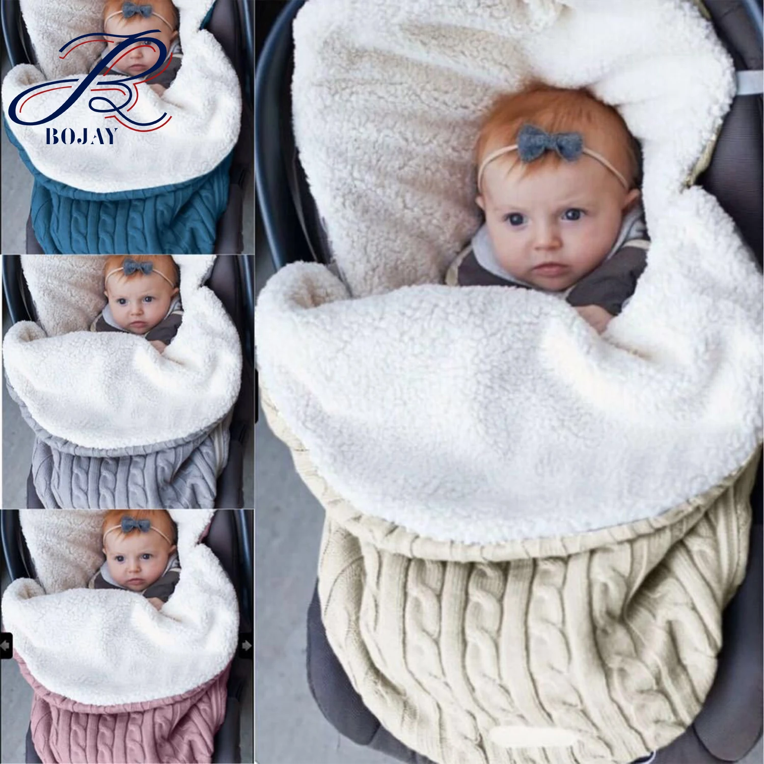 Soft Double Layer Sherpa Acrylic Knitted Baby Solid Color Sleeping Bag Portable Stroller Infant Newborn Wrap Kids Sleeping Bags