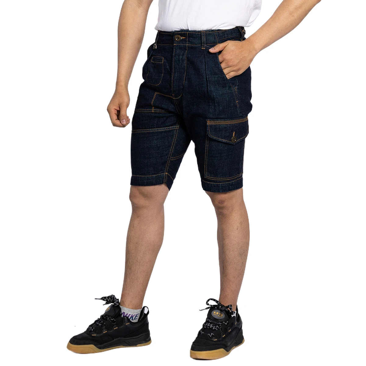 Factory Wholesale Dark Blue Muti Pockets Cargo Shorts for Men Designer Patchwork Denim Shorts