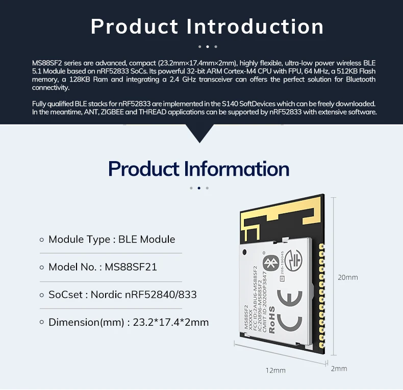 Компактный модуль дальнего действия BLE 5 2 MS88SF21 с использованием Nordic nRF52833 SoC 512kB флэш-память 128kb поддержка Zigbee Резьбовая сетка
