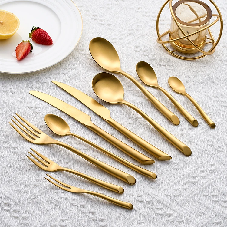 Heavy Weight Thick Handle Golden Matte Flatware Stainless Steel Wedding Event Cutlery Set