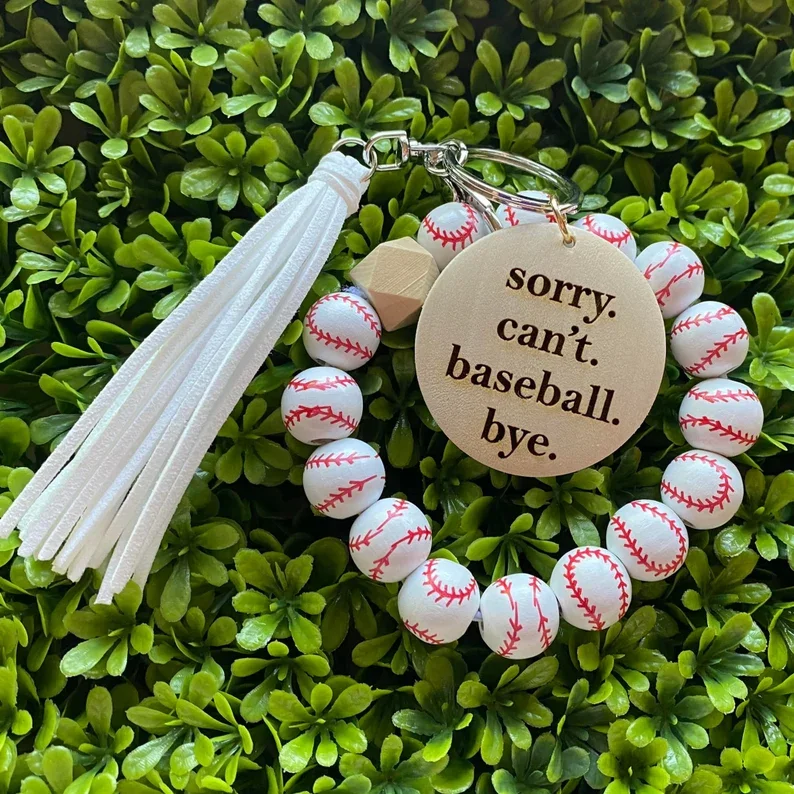 Hot Sale Sports Volleyball Basketball Soccer Baseball Wooden Beads Bracelet Keychain Gift For Mom Suede Tassel Wristlet Key Ring