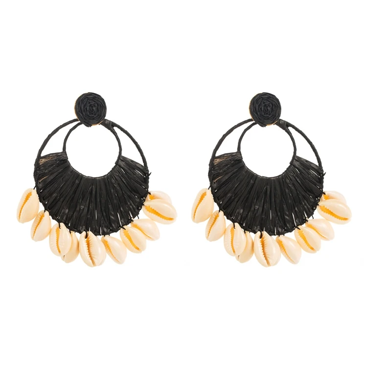 XD-17 Beach Women Ear Jewelry Trendy Wholesale Woven Braided Raffia Natural Shell Stud Earrings For Girls
