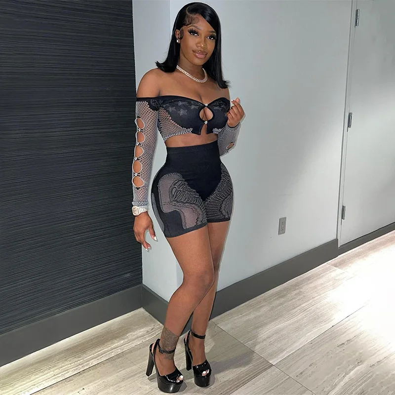 King Mcgreen Star Women 2 Piece Set Print Patchwork Sexy Rhinestone Off Shoulder Long Sleeve Crop Tops Shorts Nightclub Wear