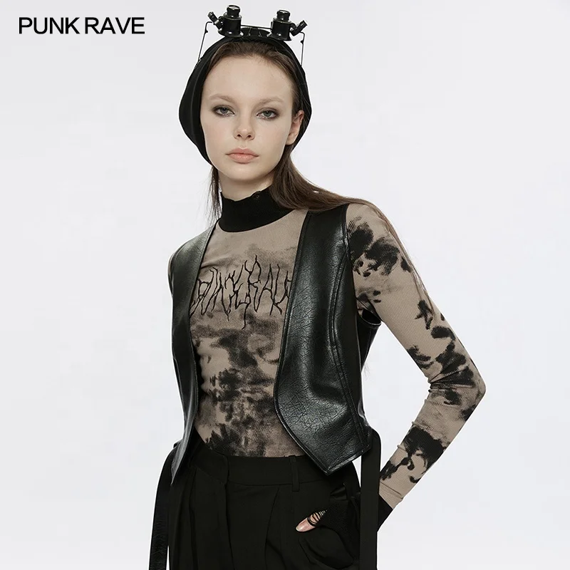PUNK RAVE OPY-695MJF Women Handsome Sweet Cool Leather Vest Jacket Women Outer Wear Sleeveless Waistcoat Vest