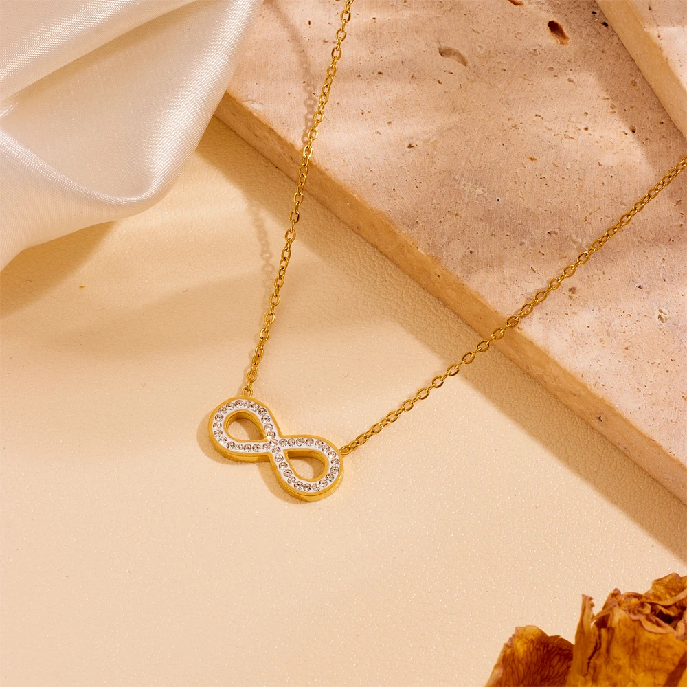 Factory price High Quality Crystal 18k Gold Plated Stainless Steel eight 8 shape with stone Love Necklace For Women Jewelry