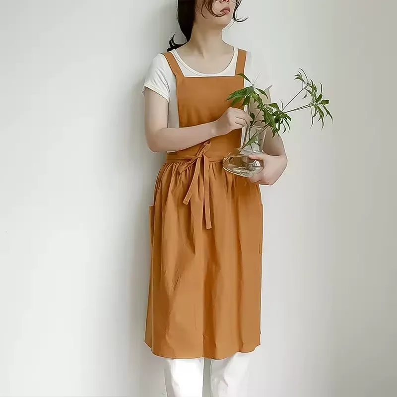 Hot Sale Cooking Dress Cross Back Cotton Waterproof Women Kitchen Apron with Pockets