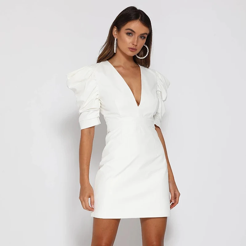 Elegant Party Women Club Dress Fashion Sheath Deep V-neck Puff Sleeve Backless Dresses Women Streetwear Female