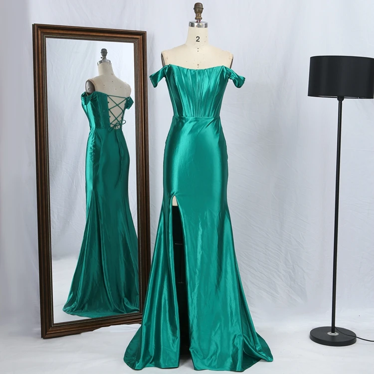 Modest emerald green satin corset prom dress for teens