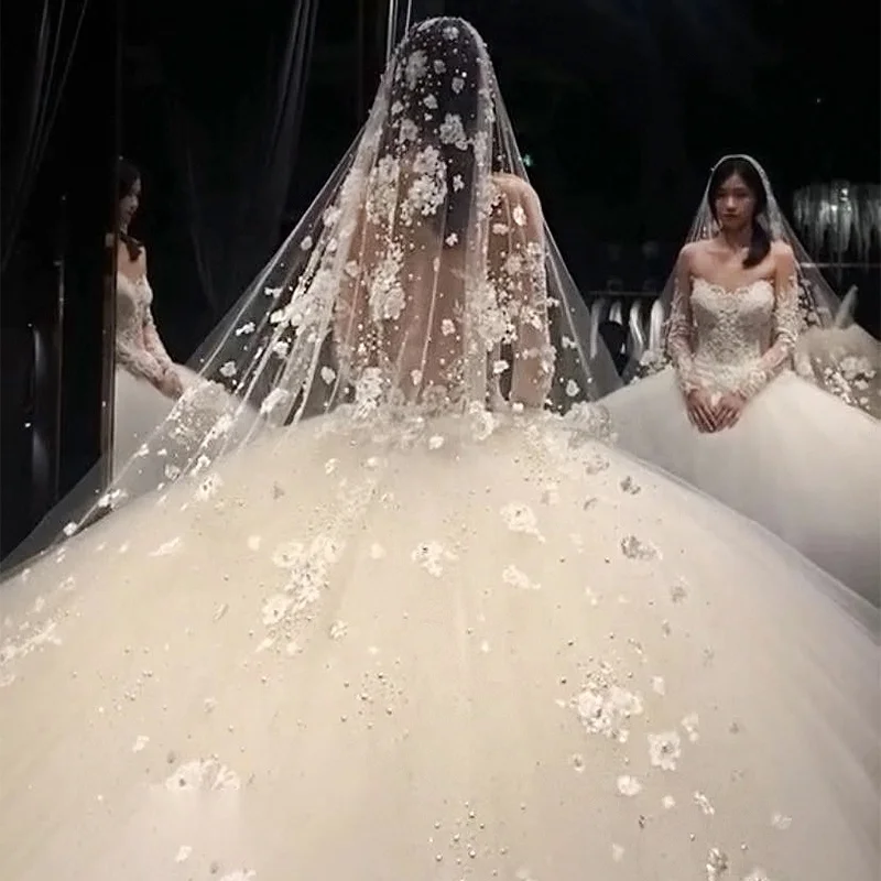 Feishiluo Luxury  Bead Diamond Bridal Veils One layer Long Cathedral  full flower lace wedding  veil with comb 350 cm long