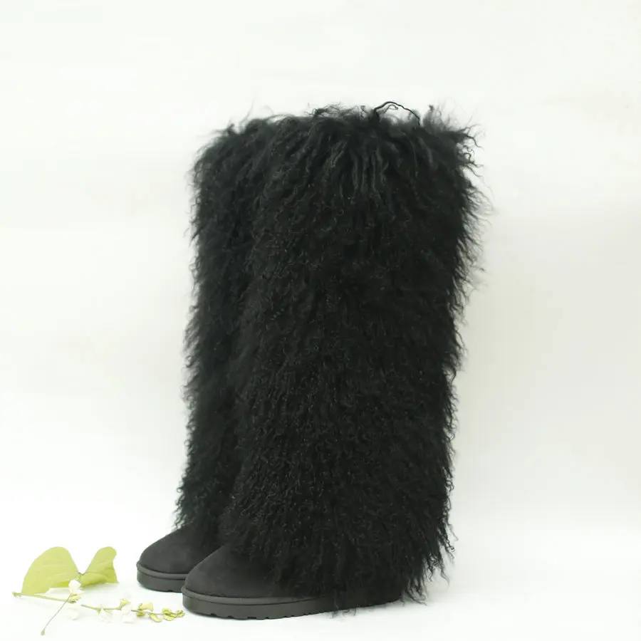 wholesale 50cm white real black mongolian fur upper long boots for women with heel and fur tall fur boots