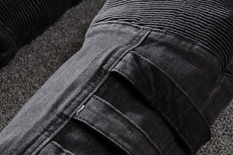 
New France Style #1057# Mens Ripped Stretch Cargo Pockets Moto Pants Washed Biker Black Jeans Slim Trousers Size 29-42 men denim  <span style=