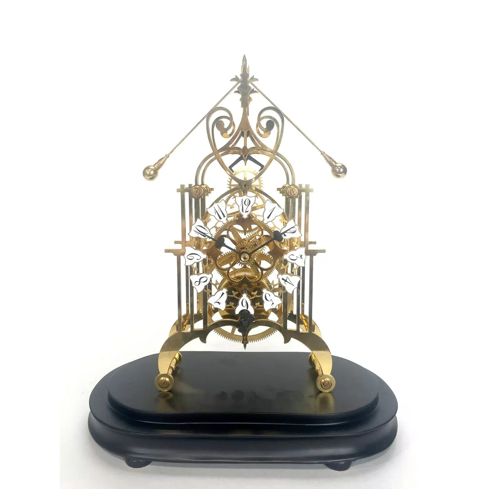 English Style 24K Gilt Polished Brass Oval Domed Glass  Fusee Movement Double Compound Rocking Pendulum open Work Skeleton Clock