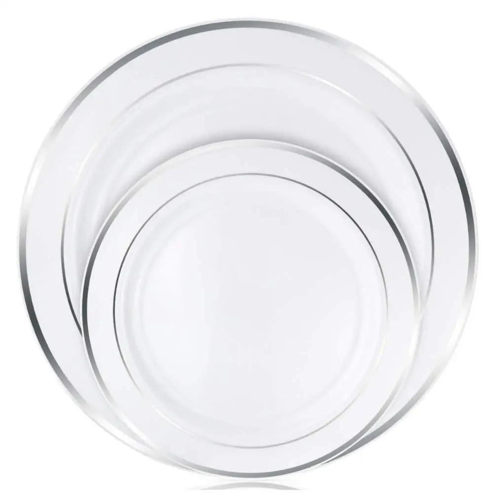 Silver rim Dinnerware Set Disposable - 25 guest Plastic Plates sets, Silverware, with Cups, Linen Like Napkin