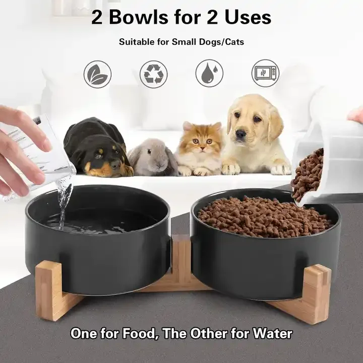 Pet Bowls with Wood Stand Puppy Ceramic Food and Water Bowls Set